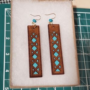 Wood Earrings With Turquoise colored design